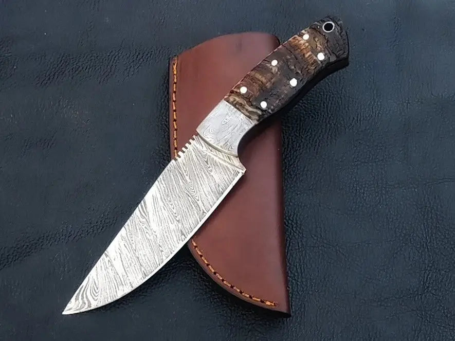 Handmade Damascus Steel Knife - C233 with a durable leather sheath for outdoor use