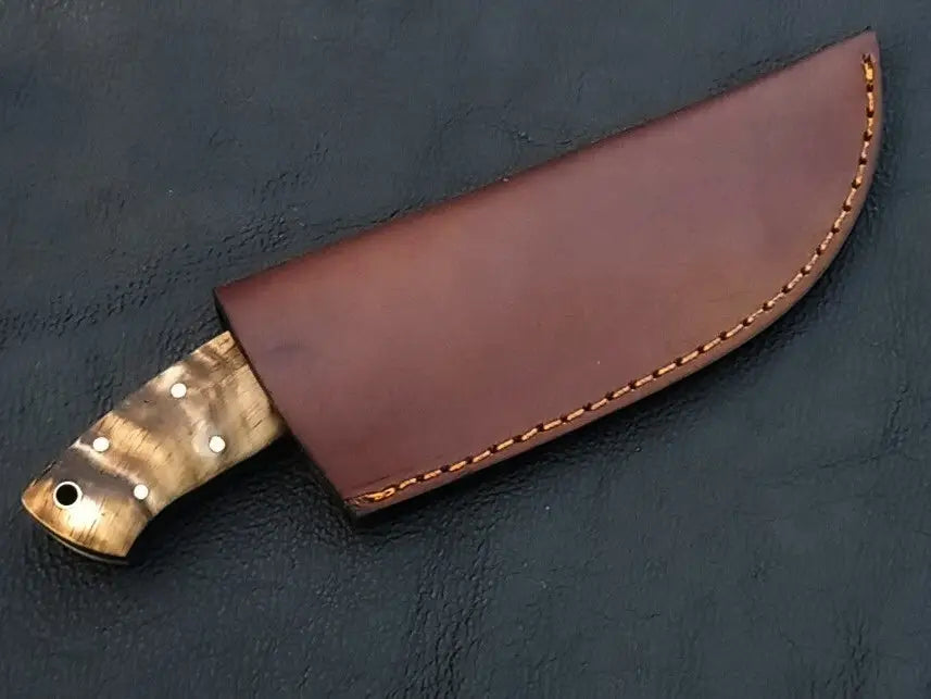 Horn-handled knife in brown leather sheath for Handmade Damascus Steel Knife - C233