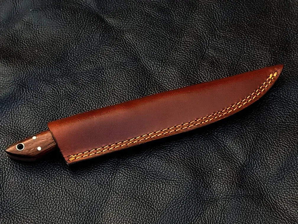 Brown leather knife sheath with stitching for Stainless Steel Bird and Trout Knife Rosewood