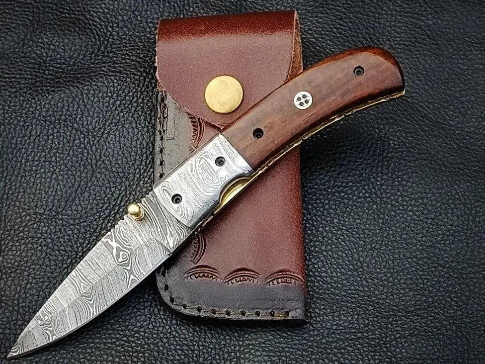 FOLDING KNIFE ROSEWOOD HANDLE WITH DAMASCUS BLADE SA02-R - Folding Knife