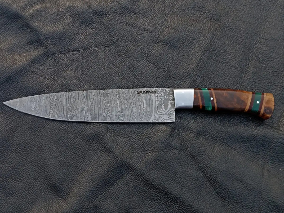 Handmade Damascus Steel Chef’s Knife on Black Surface