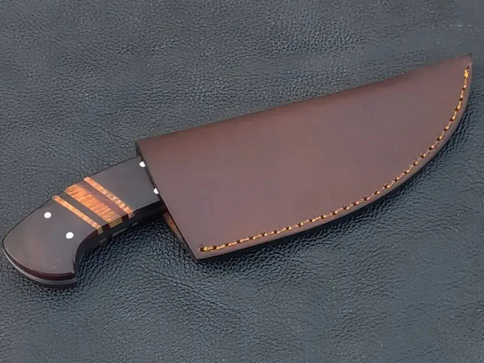 Handmade damascus steel knife with brown leather sheath