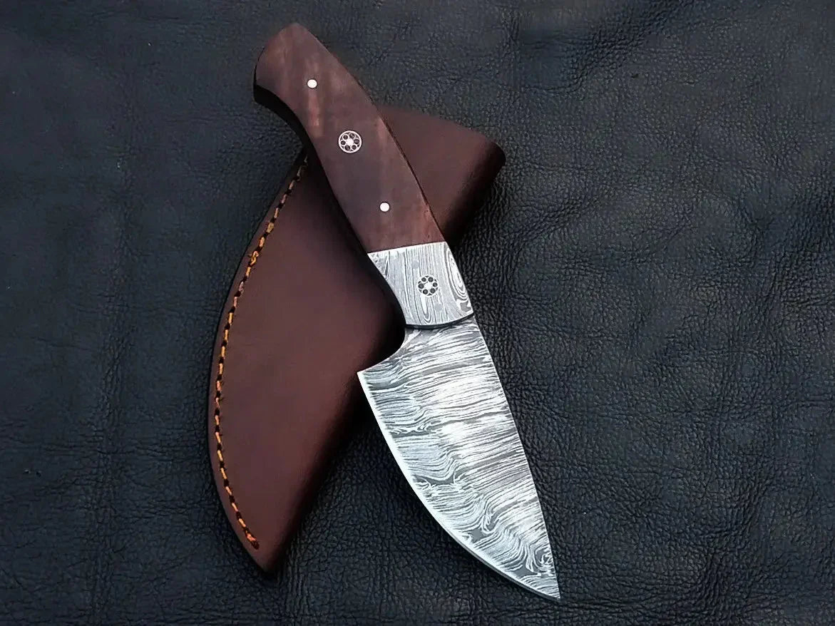 Damascus Steel Hunting Knife with Leather Sheath - C97