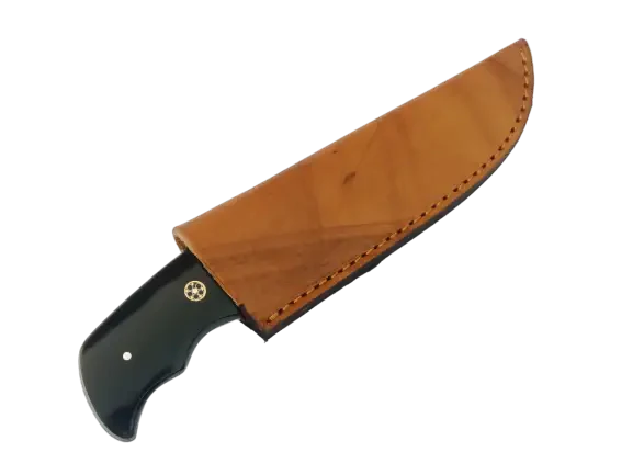 Handmade damascus steel hunting knife in leather sheath