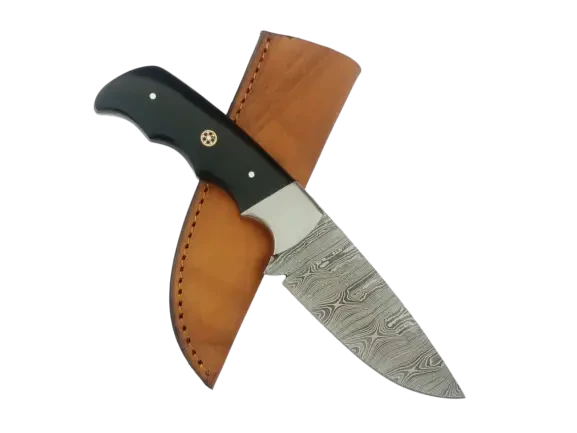 Handmade Damascus steel hunting knife with leather sheath - B533.