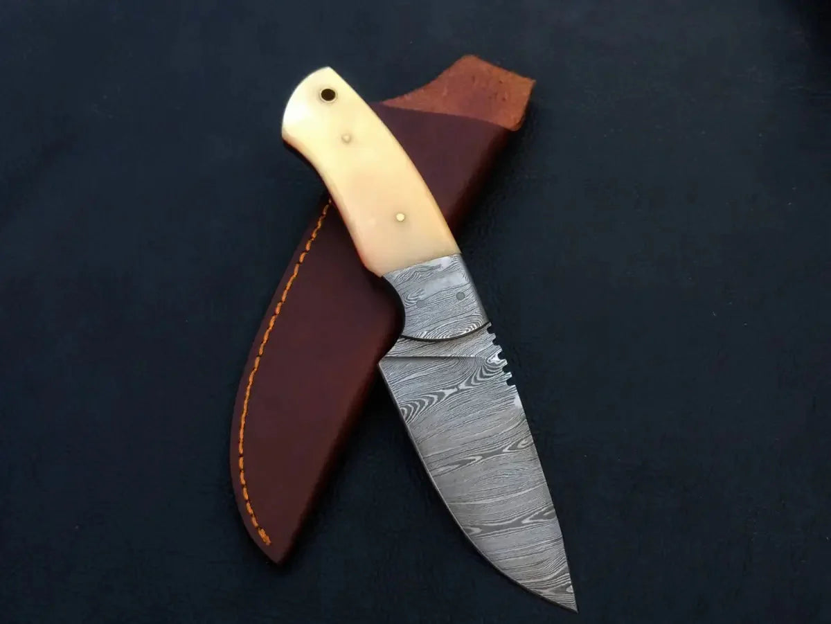 Handmade Damascus steel knife with leather sheath - Handmade Damascus Steel Knife-C1