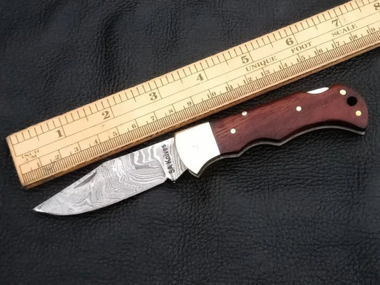Damascus Steel Folding Knife with Ruler Displayed - C90