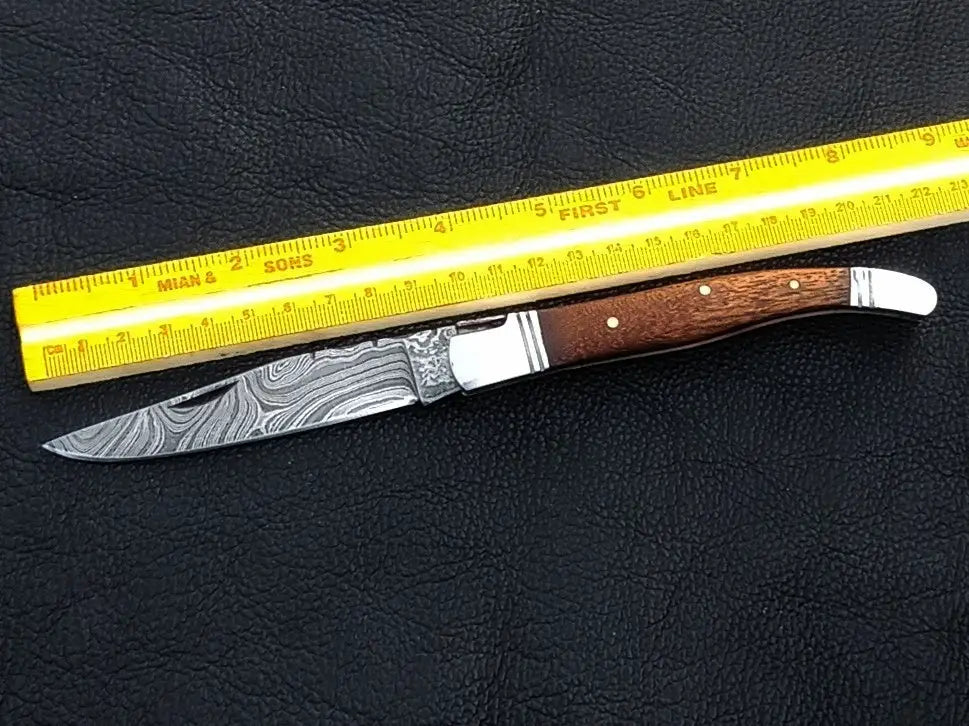 Handmade Damascus steel folding knife with ruler - C163