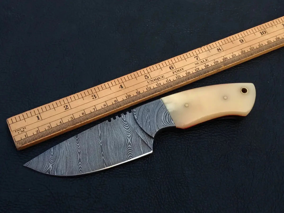 Handmade Damascus Steel Knife-C1 with ruler on blade.