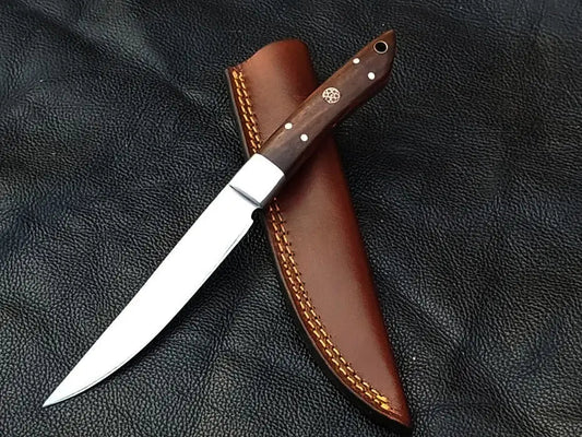 Shiny stainless steel bird and trout knife rosewood with leather sheath