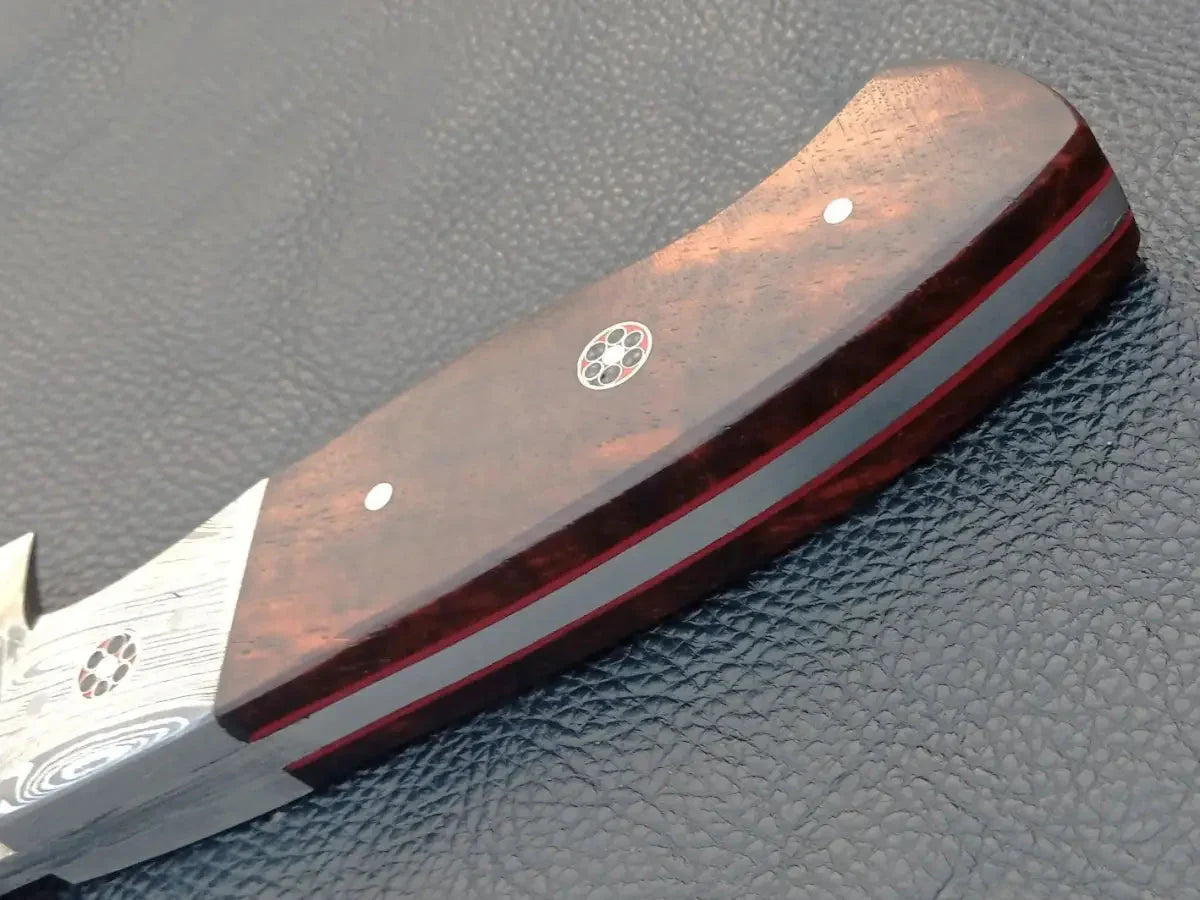 Damascus steel hunting knife with wooden handle on leather surface - C97.