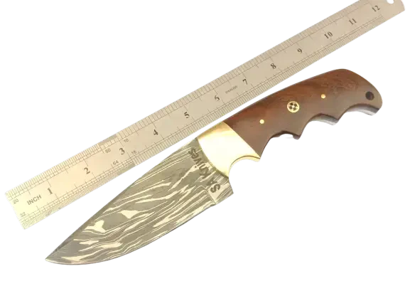 Handmade Damascus Steel Hunting Knife with Wooden Handle and Ruler