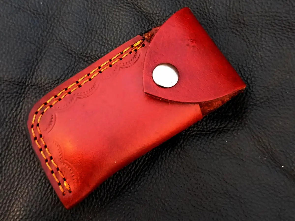 Red leather knife sheath for Handmade Damascus Steel Folding Knife-SAF007