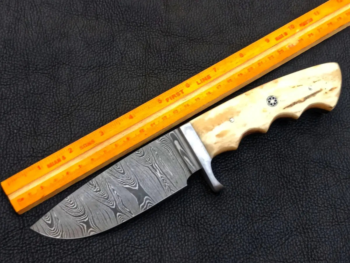 Handmade Damascus Steel Hunting Knife with Bone Handle - C196 design showcase