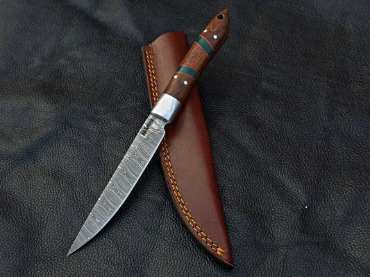 Damascus Steel Bird and Trout Knife with Rosewood Epoxy and Leather Sheath