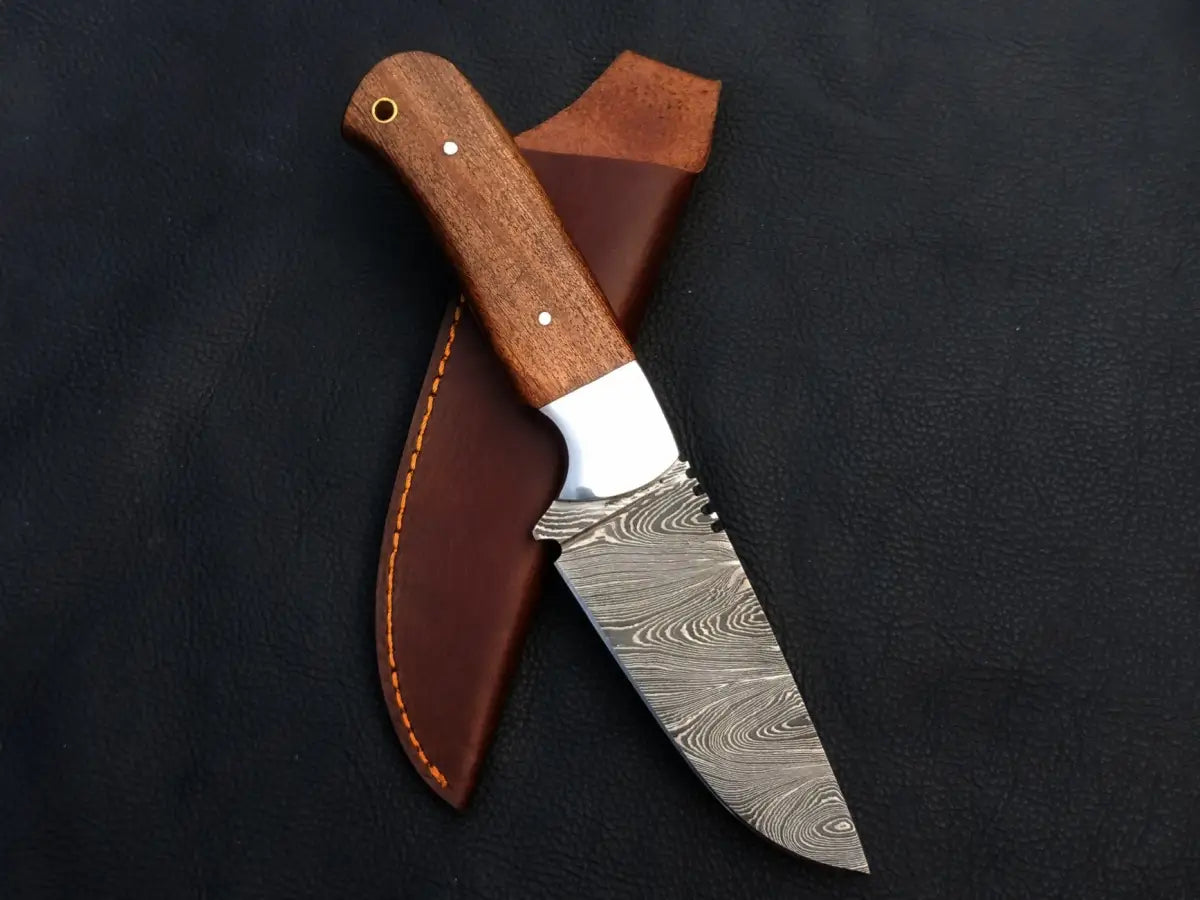 Handmade Damascus Steel Skinning Knife with Leather Sheath - C26